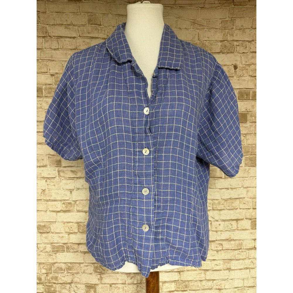 Flax Linen Top Women's Size L Blue Plaid Short Sleeve Button Shirt Lagenlook